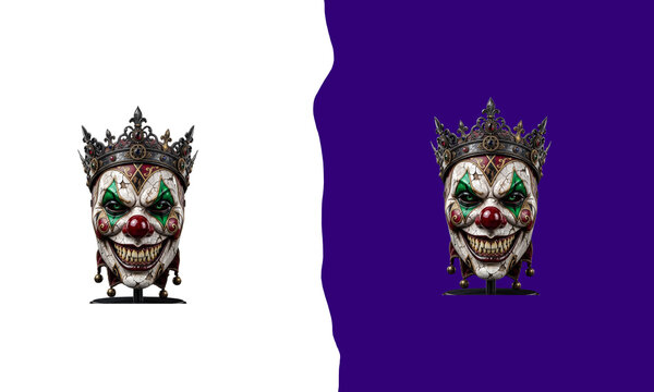 Creepy clown king mask with ornate crown isolated on transparent background