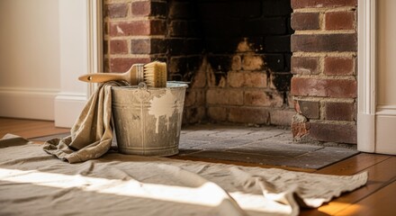 Obraz premium Warm interior scene with limewash bucket brush and drop cloth beside original brick fireplace ready for restoration work to begin.