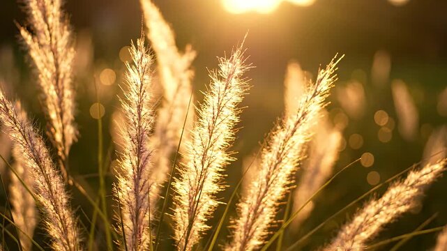 Golden Sunlight on Ornamental Grass Plumes - The warm glow of golden sunlight filters through the delicate, textured plumes of ornamental grass, creating a soft, bokeh effect in the background.