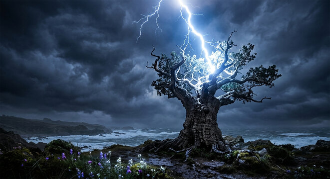 Powerful lightning bolt striking an ancient gnarled tree on a stormy coastal cliff under dark dramatic sky and heavy waves.