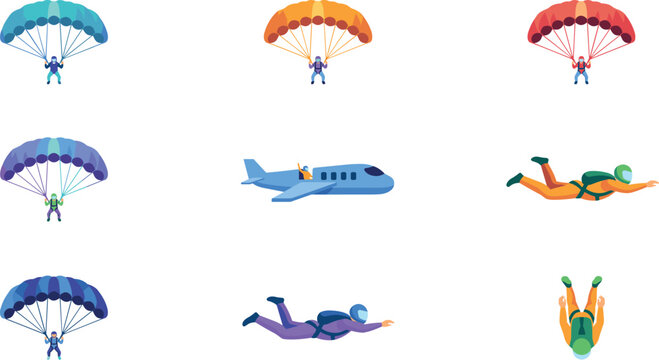 Skydiving and Parachuting Vector Element Set with Skydivers in Freefall Parachutes and Airplane for Extreme Sports Extreme Tourism and Adventure Graphic Designs