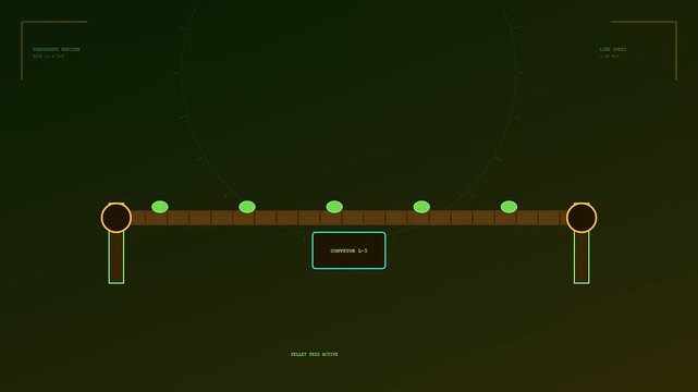A biofuel refinery monitoring system showing green illuminated spheres moving across a conveyor belt in a simulated digital interface environment with dark green gradients and light