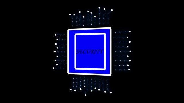 Microchip icon rendered in blue with binary digits streaming from its sides signifies robust data security protocols and information safety for modern corporate digital environments and network.