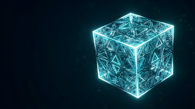 Glowing cyan neon geometric cube with intricate wireframe patterns in dark