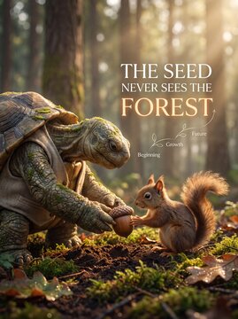 Wise turtle passing an acorn to a curious squirrel in a sunlit forest concept illustration with floor golden sunlight
