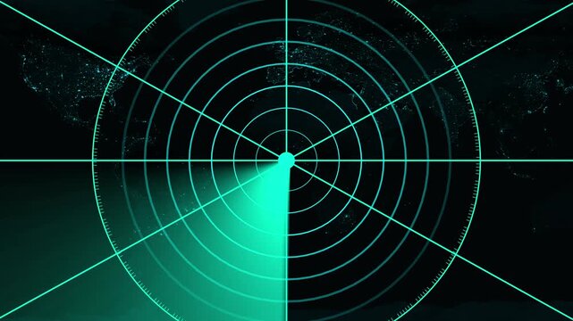 Abstract radar screen digital interface. Futuristic radar screen interface with cyan digital grid and scanning beam. Radar screen showing scan results, multiple targets detected 4K video animation.