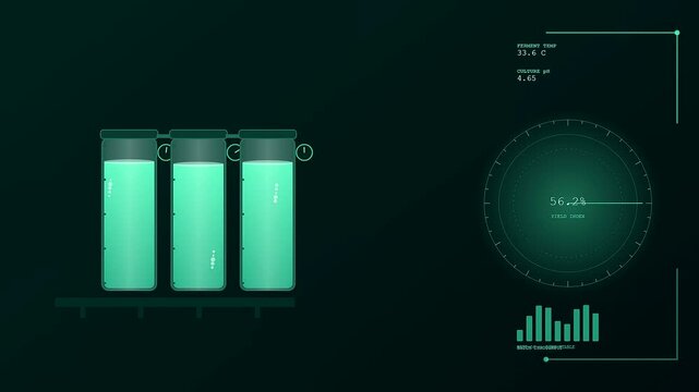 a biofuel refinery control dashboard displays scientific fermentation data on three glass containers as numerical levels adjust within a green digital interface for industrial energy research