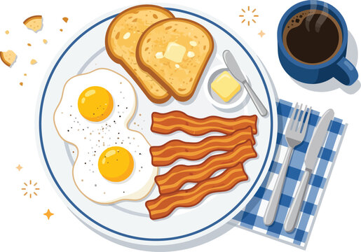 Classic breakfast eggs toast and bacon vector set