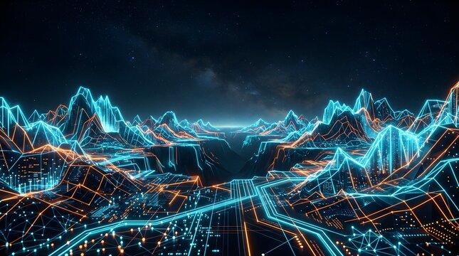 Glowing digital landscape with neon mountain wireframe at night sky