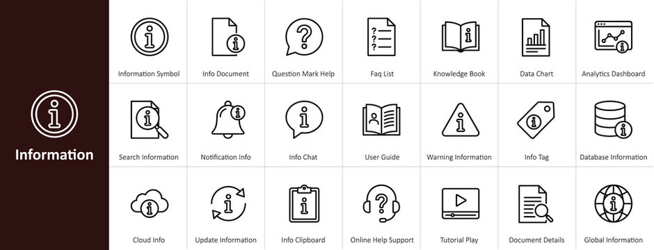Information and Help Center Line Icon Set - Minimalist FAQ, Support, and User Guide Outline Vector Illustrations