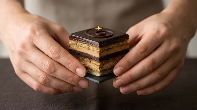 A chef holds a delicious square opera cake pastry with layers of chocolate and coffee.