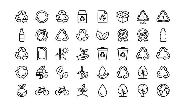 Modern Recycling Line Icons Collection with Eco Packaging and Circular Arrow Symbols