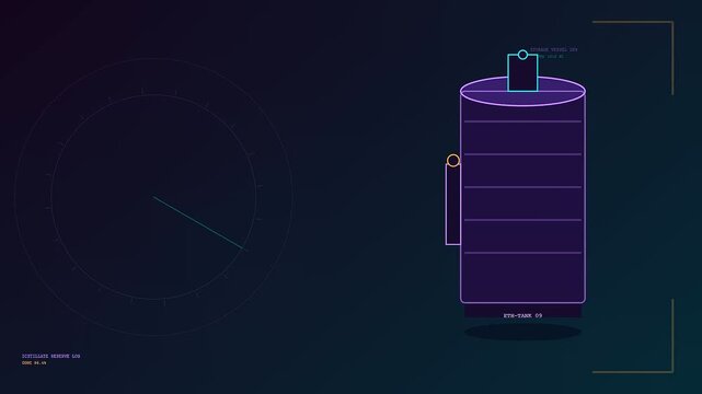 Neon biofuel refinery interface elements display circular gauge indicators and liquid storage containers with glowing cyan outlines against a dark deep blue digital procedural grid