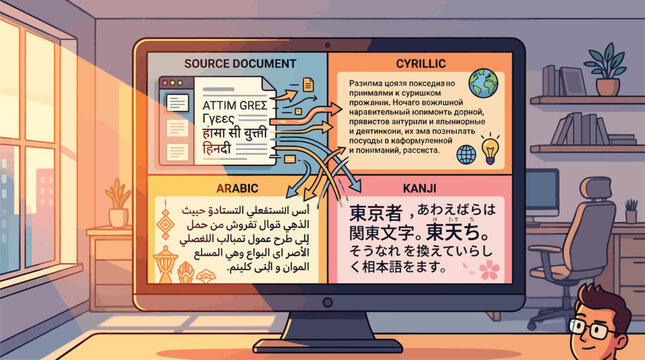 Diverse Language Translation Software Interface on Computer Screen in Modern Office with Sunlight