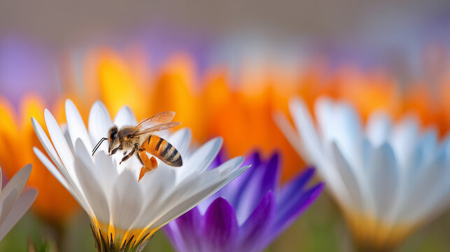 Macro Photography of a Honey Bee Pollinating a Beautiful Spring Flower for World Bee Day Celebration
