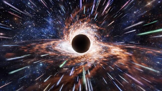Abstract Colorful Light Speed Hyperspace Starfield Flight - A stunning visual depicts a black hole at the center of a swirling accretion disk, surrounded by a starfield with streaks of colorful light.