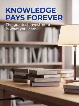 Educational quote concept featuring stacks of books on a wooden desk in a quiet library setting with desk next glowing