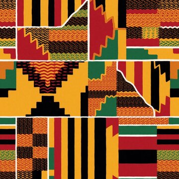 Seamless pattern of African Kente cloth features bold geometric stripes plus vibrant tribal motifs. Traditional textile design displays yellow red green black colors. Ethnic fabric print looks modern