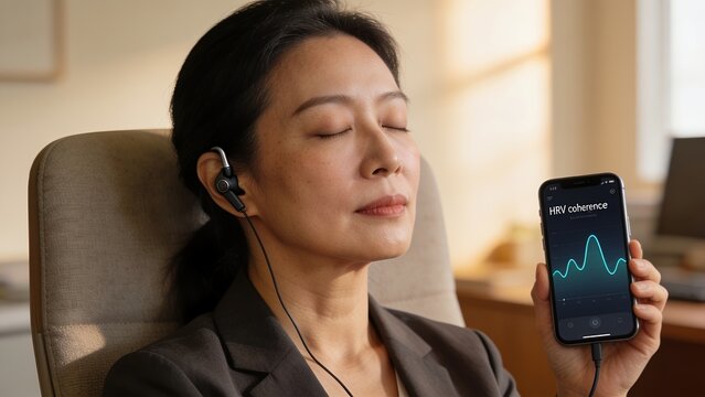 Mature businesswoman relaxing with meditation app. Female executive using wellness tech.