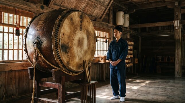 歴史ある神社の大太鼓と静かに佇む日本人男性