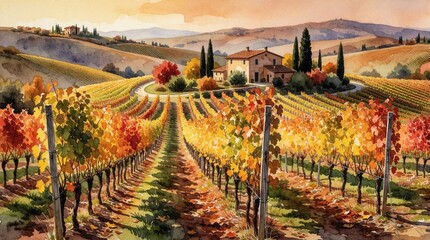 Obraz premium Watercolor illustration of autumn vineyard landscape with colorful foliage on rolling hills. Traditional house sits in valley among grape rows under golden sunset sky. Rustic farm scenery features