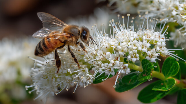 Honey Bee Pollinating White Flowers in Springtime for World Bee Day Awareness and Global Ecosystem Support