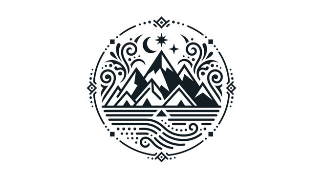 Ornate circular mandala mountain landscape with sun rays.