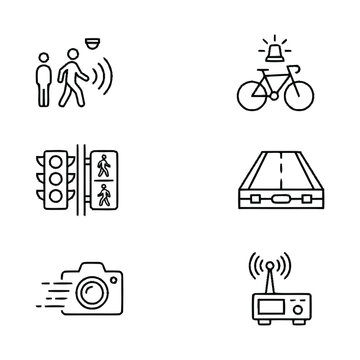 Smart city and urban traffic monitoring icons set, including surveillance camera, bicycle theft alert, traffic lights, and speed camera symbols in line style vector illustration
