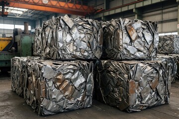 Naklejka na ściany i meble Compressed metal scrap cubes are stacked inside a warehouse. These materials await recycling for reuse in manufacturing processes. They represent industrial waste and resource management.