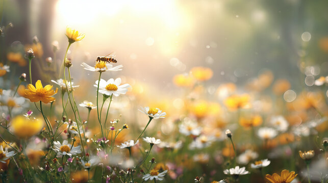 Vibrant Field of Blooming Wildflowers Celebrating World Bee Day with Soft Sunlight and a Small Bee Gathering Pollen in a Sunny Spring Meadow