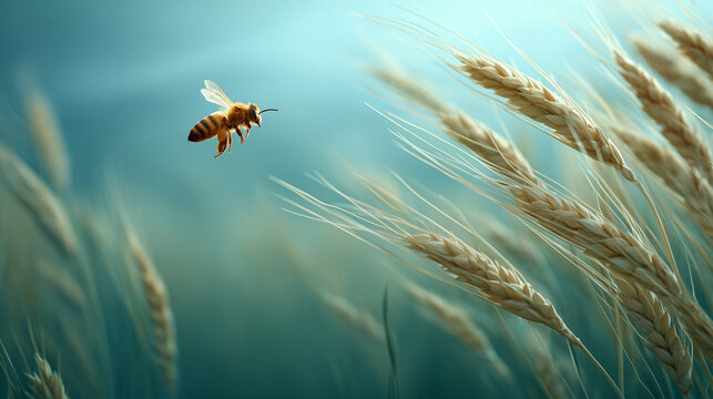 A lone honeybee flies gracefully above the golden wheat fields in celebration of World Bee Day and the importance of global insect pollination