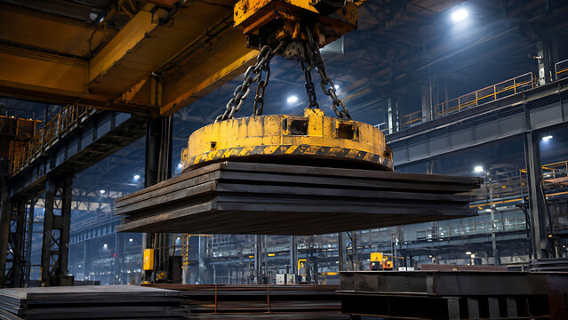 Industrial Magnetic Crane Lifting Steel Plates | Electromagnet Hoist in Factory | Heavy Metal Manufacturing and Material Handling