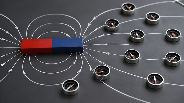 Bar Magnet With Compass Needles and Field Lines | Magnetism Physics Experiment | Magnetic Field Direction Science Concept