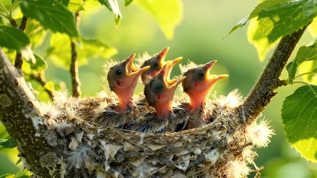 Baby Birds in Nest Waiting for Food - Four fluffy nestlings with their beaks wide open eagerly await food from their parent in a cozy nest.