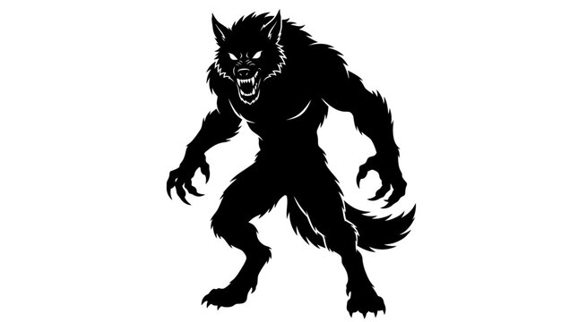 Dynamic black silhouette illustration of a fierce werewolf monster in attacking pose with sharp claws and fangs for Halloween design.
