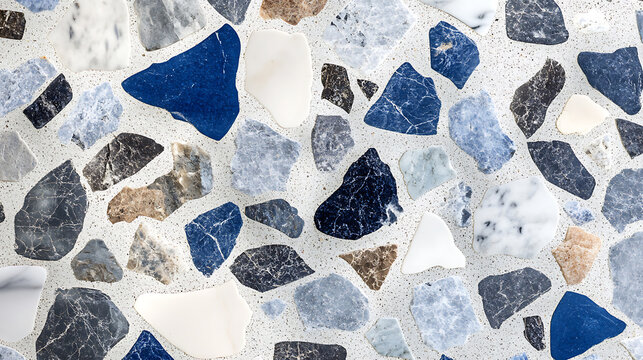 Blue gray terrazzo flooring texture with natural stone chips.