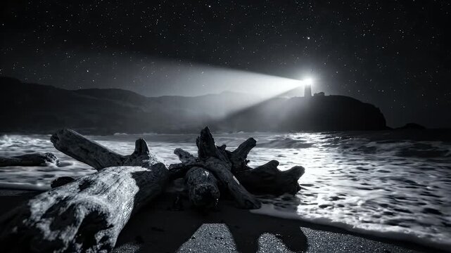 Lighthouse Beam Over Starry Ocean Beach With Driftwood - A dramatic black and white landscape showcases a lighthouse beaming light across a starry night sky and a choppy ocean.