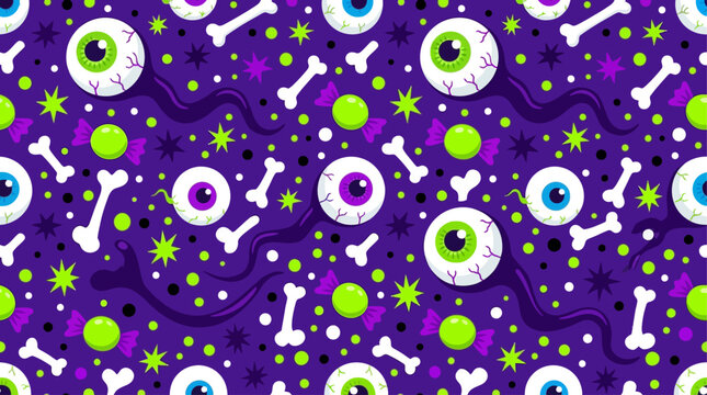 Bold seamless Halloween pattern with creepy eyeballs, bones and candy in bright purple and green colors, ideal for spooky party design.