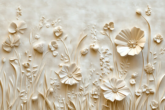 Luxury Three Dimensional Floral Relief Sculpture With Elegant Blossoms.