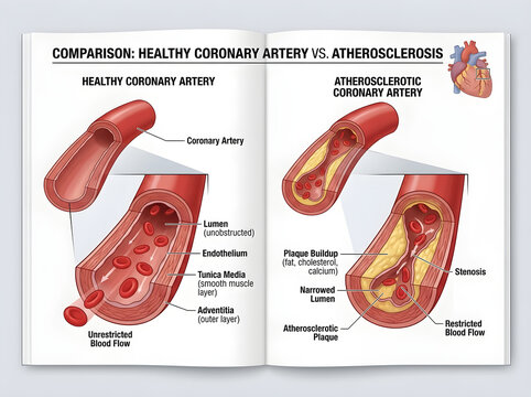 Healthy vs atherosclerotic coronary artery diagram