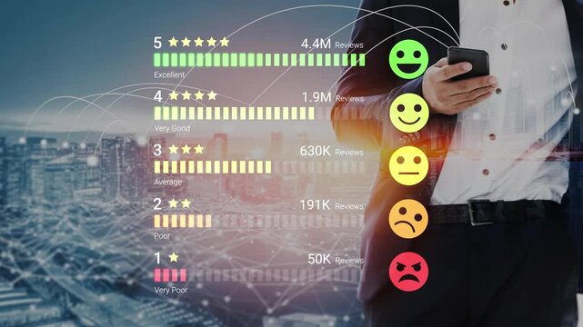 Ratings and Reviews Visualization with User Satisfaction Icons Over Cityscape Background and Mobile Device Interaction. Entropy.