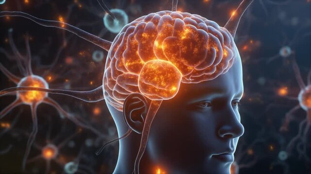 Glowing neural pathways inside a sleeping man brain