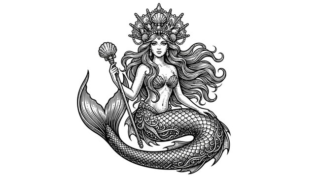 Elegant vintage engraving of a beautiful aquatic mermaid princess wearing a regal crown, intricate black monochrome vector illustration of a mythical sea creature with a flowing tail and hair.