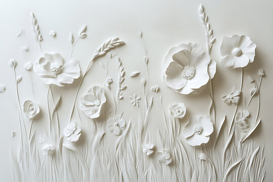 Elegant White Floral Embossed Background With Beautiful Poppy Flowers.
