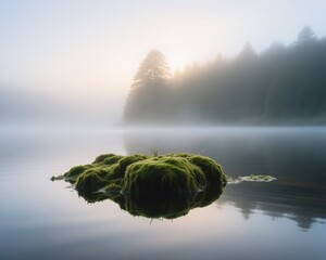 Vibrant green moss floating on calm water with foggy forest reflection © Smartology