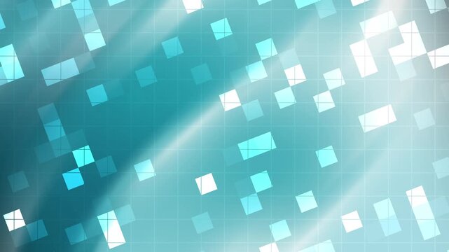 Turquoise Cyan and White Geometric Gradient Background with Floating Pixel Squares and Bright Light Beams