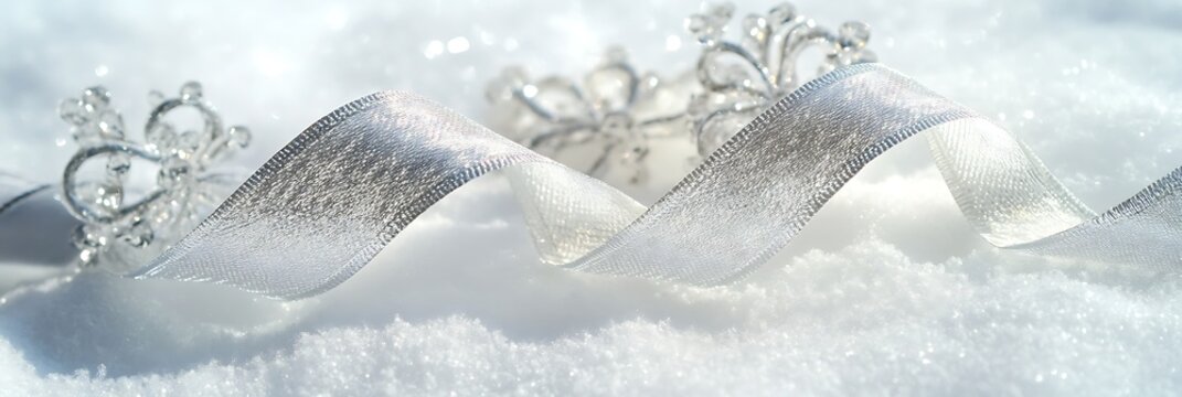 Silver tiara and ribbon on snow winter wedding theme elegant bridal accessories sparkling jewelry closeup
