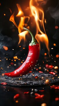 Vibrant red chili pepper on blazing hot skillet with flames
