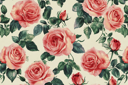 Vintage pink rose seamless floral pattern background.
