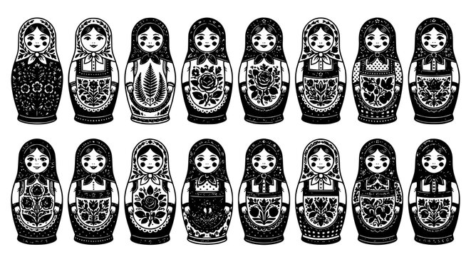 Elegant black and white Matryoshka doll engraving icons featuring traditional Russian folk toy silhouettes with floral decorative patterns vector set